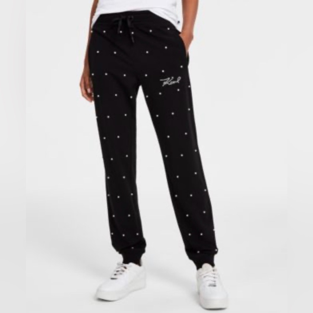 Karl Lagerfeld Paris Black Faux-Pearl Embellished Jogger Pants Size OX (x-large)